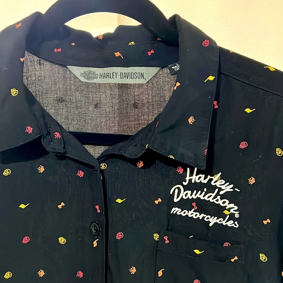Harley-Davidson Tie Front print button down embroidered shirt blouse top 🏍️🦜 - Picture 5 of 10